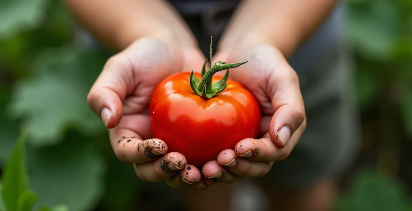 Detalle macro de manos de niño sosteniendo con orgullo un tomate cherry recién cosechado
