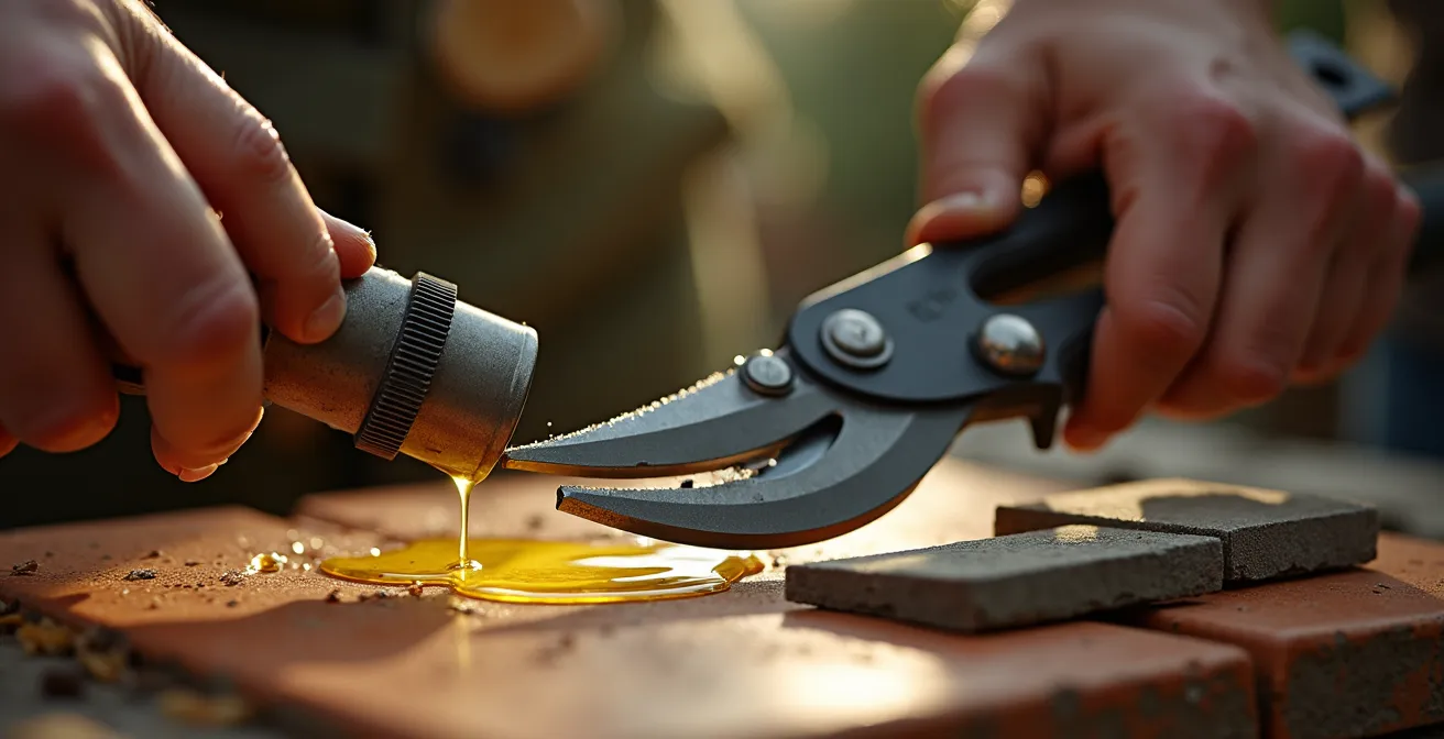 Proceso de mantenimiento mostrando afilado y engrase de tijeras de podar profesionales
