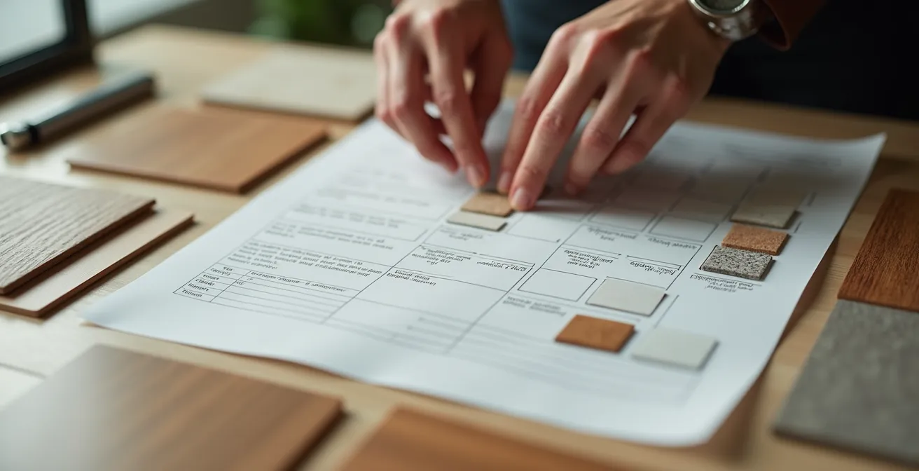 Vista cenital de manos profesionales trabajando sobre tabla comparativa con muestras de materiales