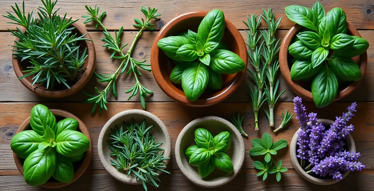 Vista cenital de una mesa de madera con diferentes plantas aromáticas frescas organizadas por categorías de uso: culinario, medicinal y hogar