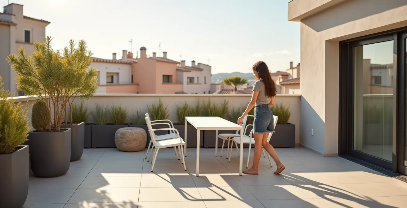 Secuencia de transformación de terraza con muebles modulares plegables