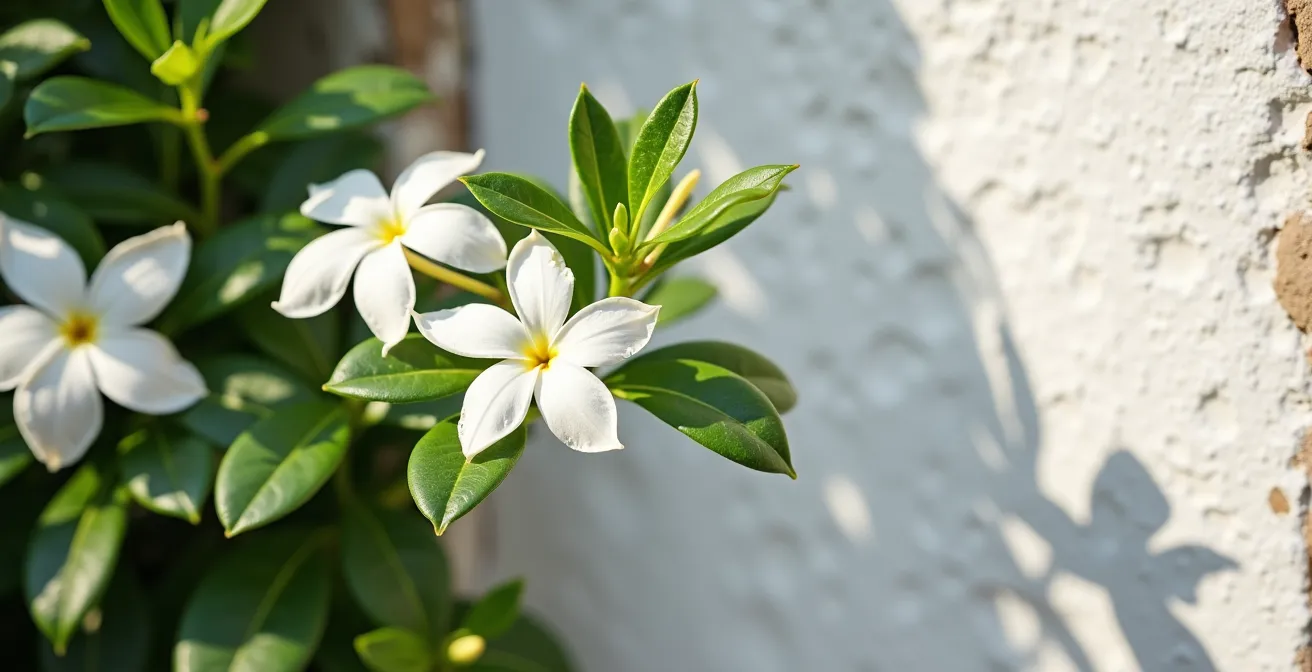 Plantas trepadoras creando transición cromática between jardín horizontal y muro vertical de casa mediterránea