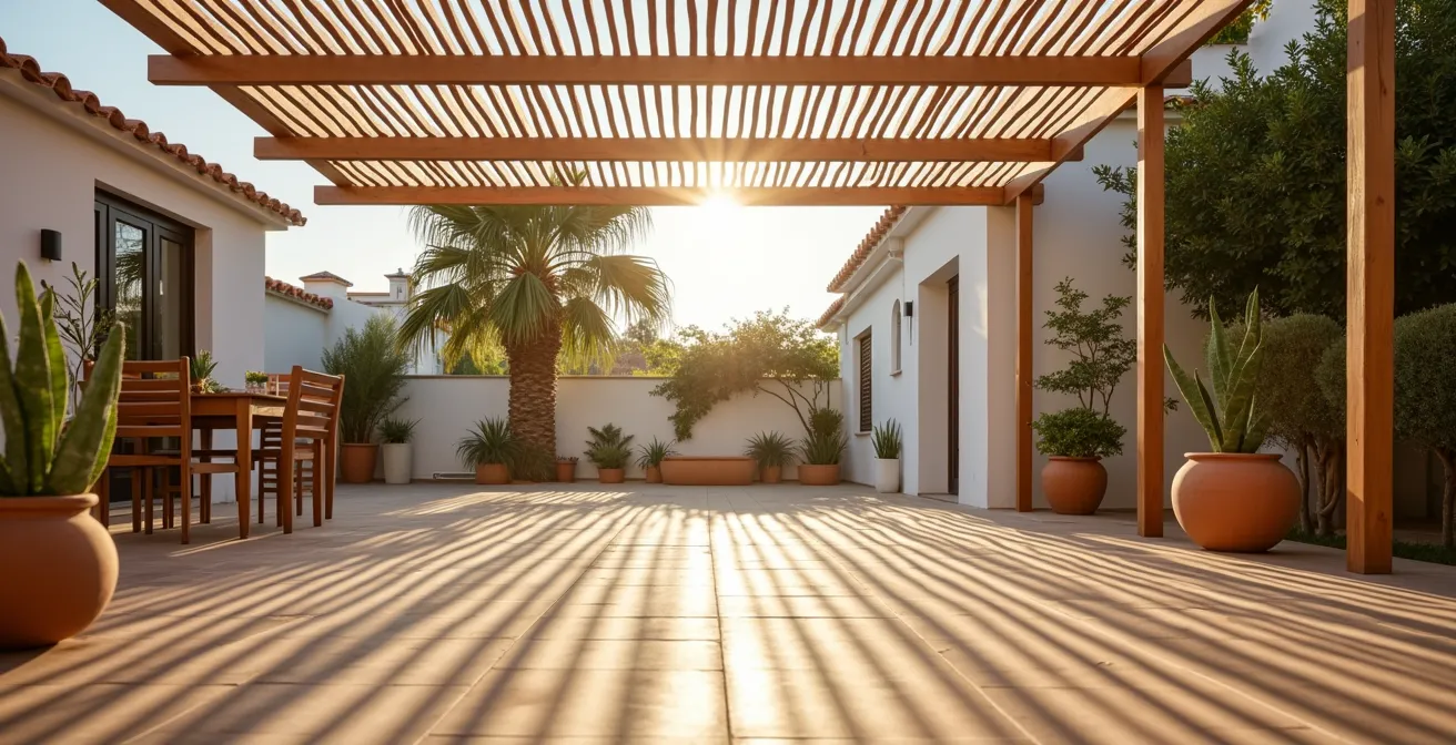 Pérgola bioclimática instalada en patio español con orientación sur