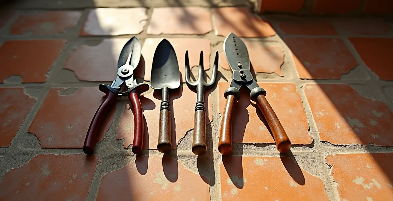 Pirámide visual mostrando la jerarquía de herramientas de jardinería esenciales para invertir