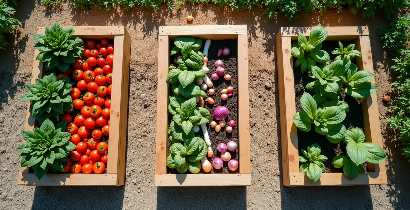 Vista cenital de bancales organizados por cultivos temáticos para cocina española