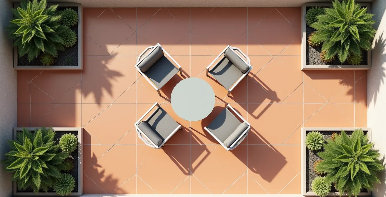 Vista cenital de una terraza de 18 m² con distribución óptima de muebles