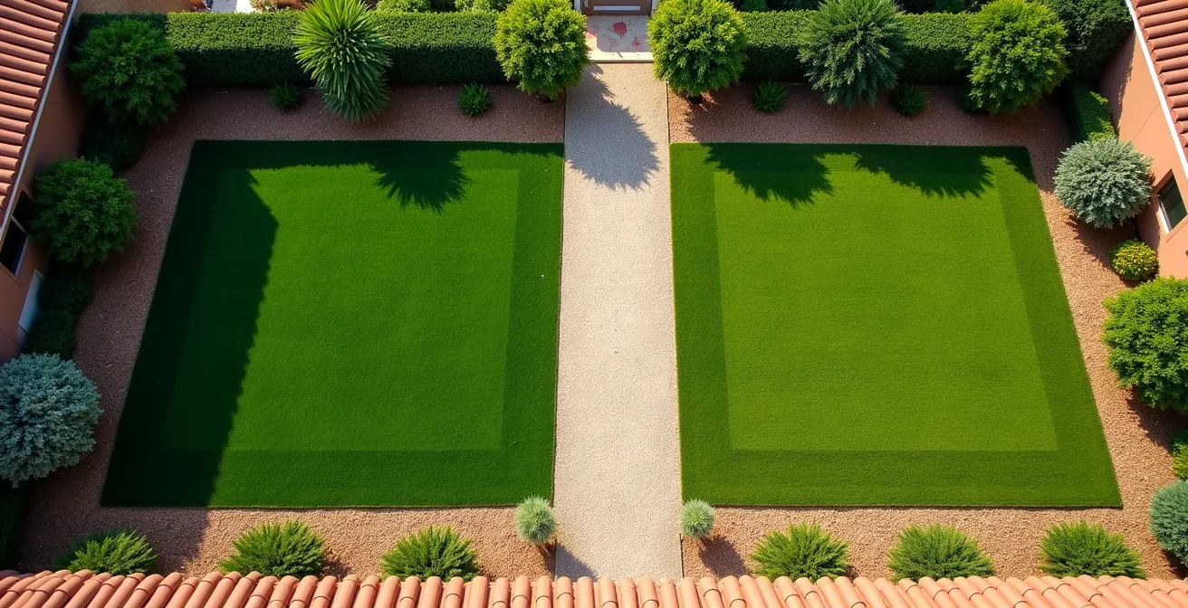 Vista aérea de jardín con zonas de riego marcadas por colores según demanda de agua