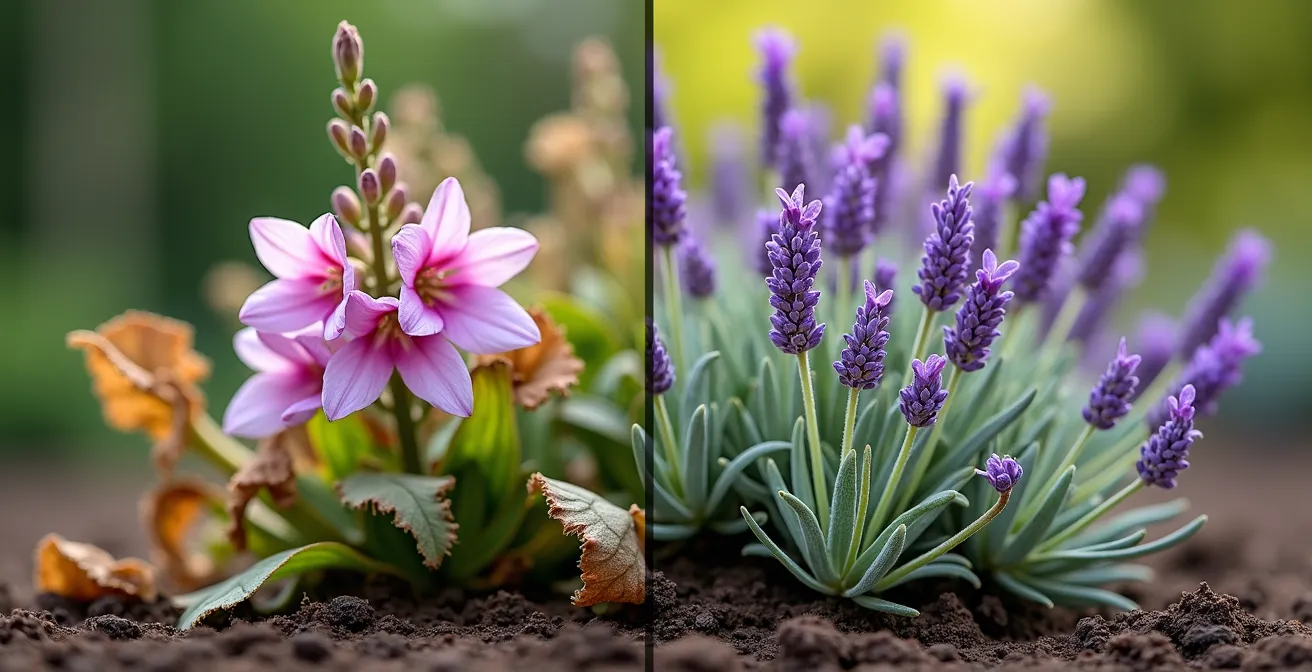Comparación visual entre plantas perennes adaptadas y no adaptadas al clima mediterráneo español