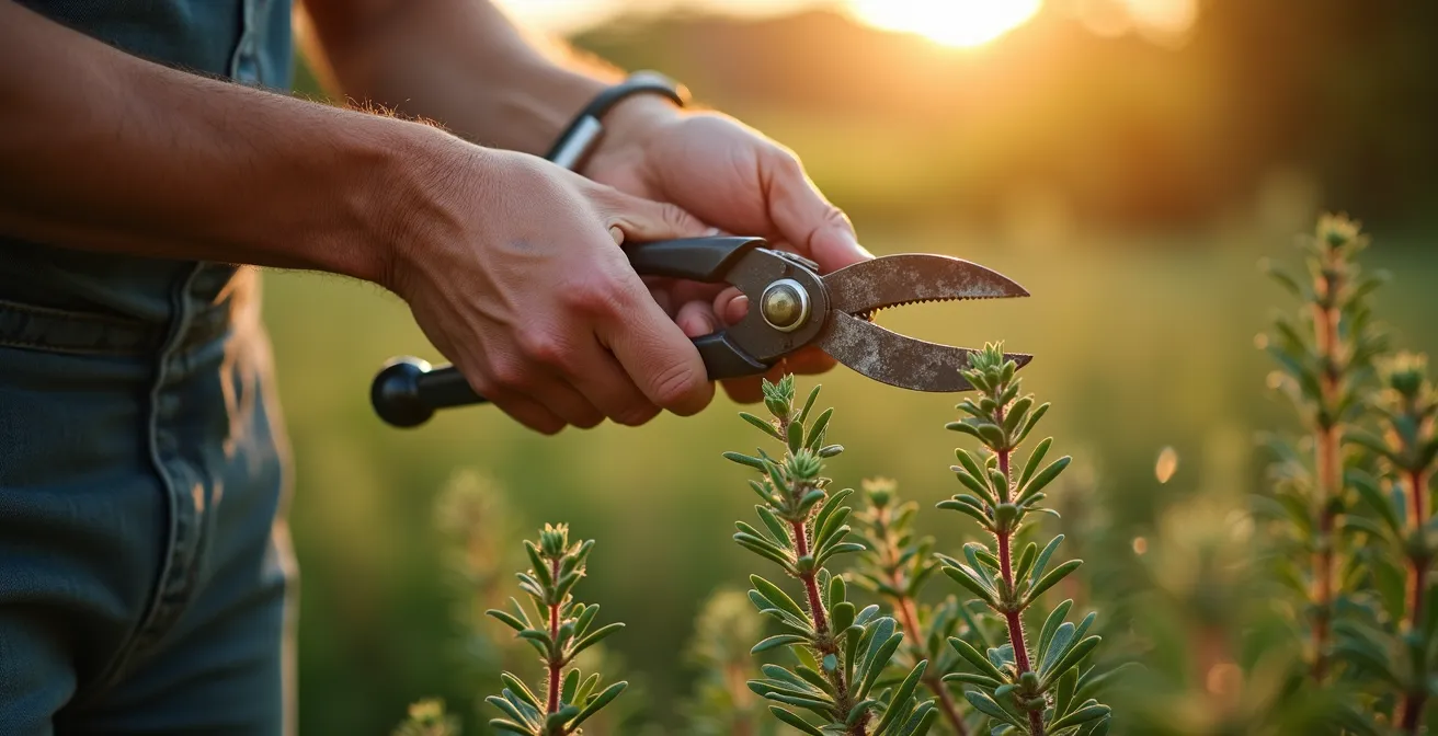 Manos de un jardinero podando con precisión plantas tapizantes de tomillo rastrero con tijeras de jardín.