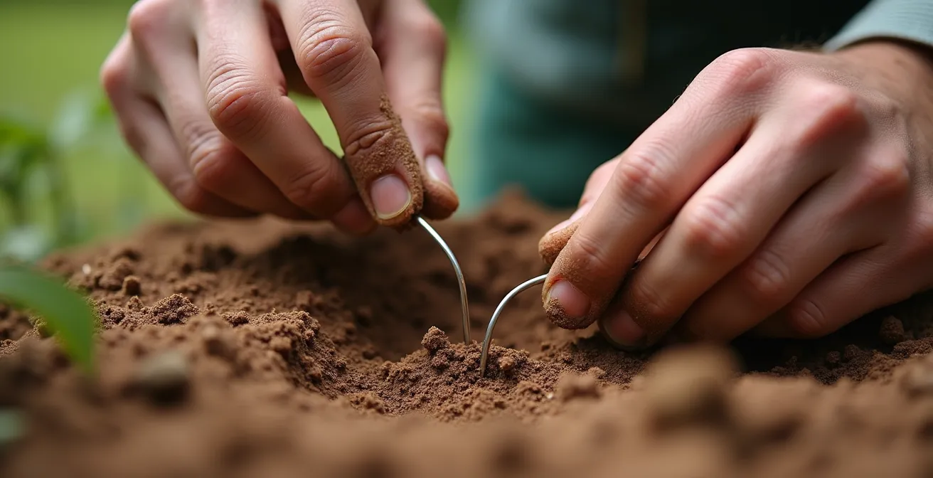 Mano realizando la prueba del alambre para medir la compactación del suelo en un jardín español