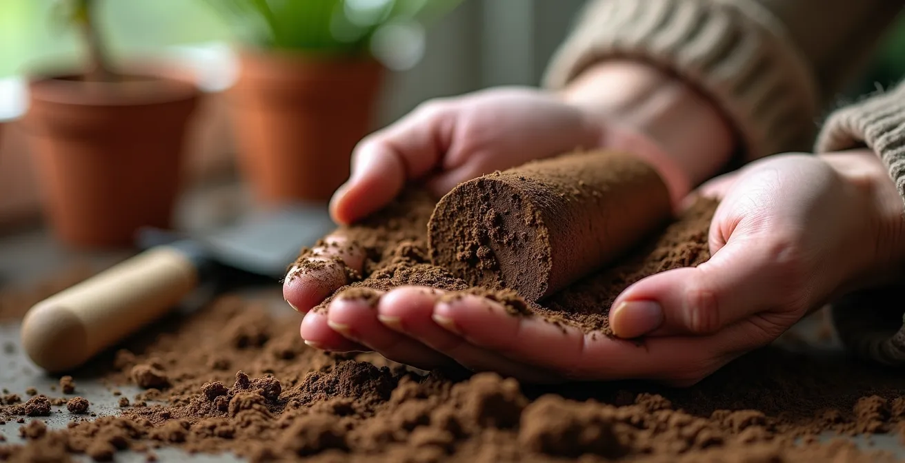 Manos realizando prueba de textura del suelo formando un churro de tierra húmeda