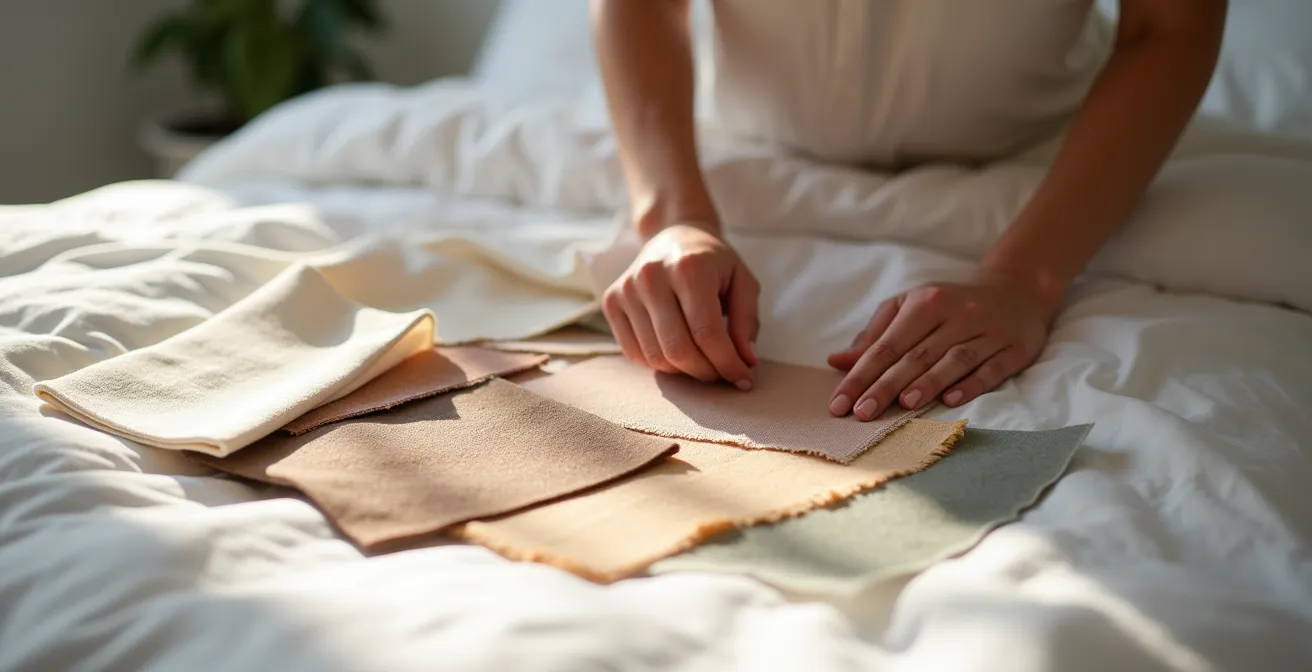 Muestras de telas y colores dispuestas sobre una cama para probar combinaciones