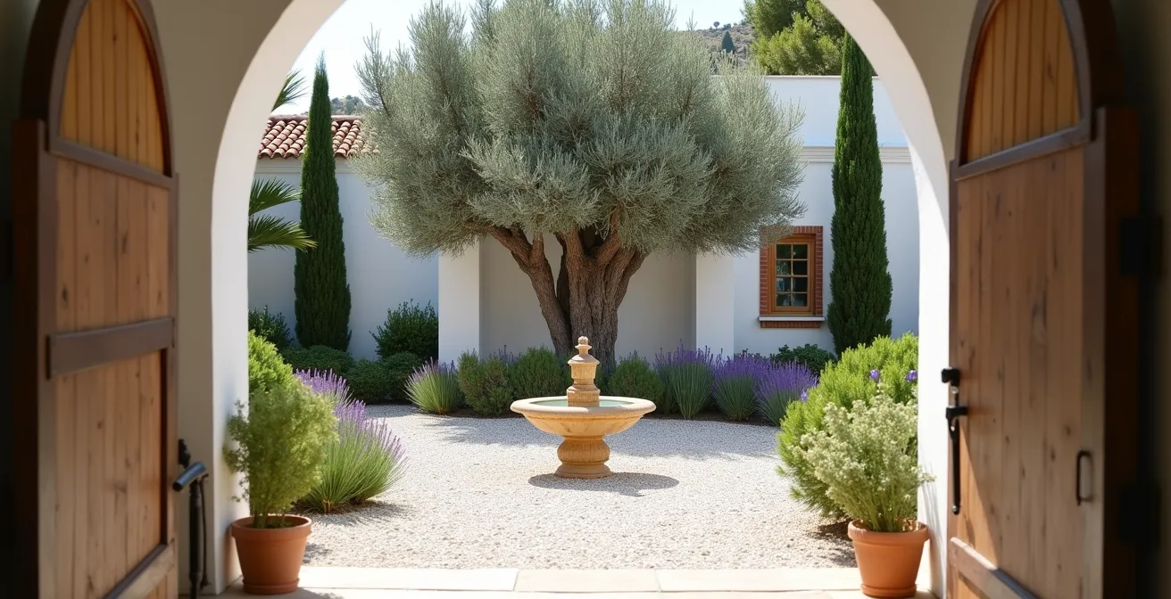 Punto focal de jardín español con olivo centenario y fuente de cerámica andaluza enmarcado por vegetación mediterránea