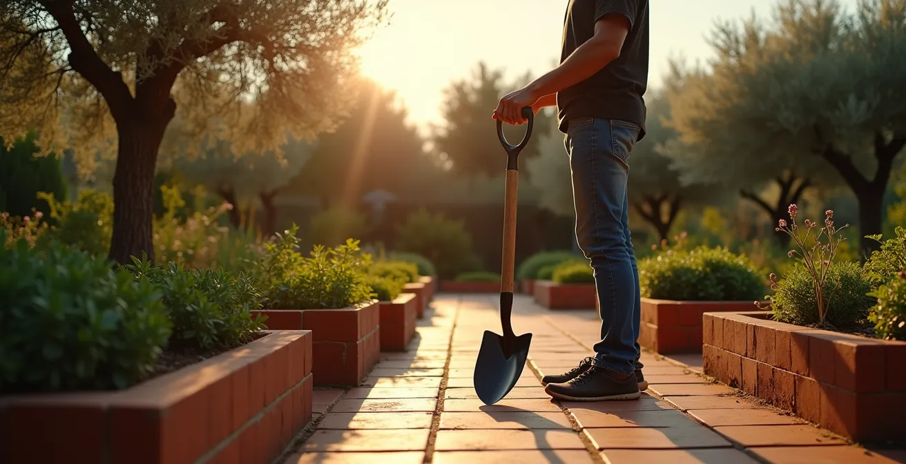 Demostración de la regla de la axila para medir la altura correcta de herramientas de jardín