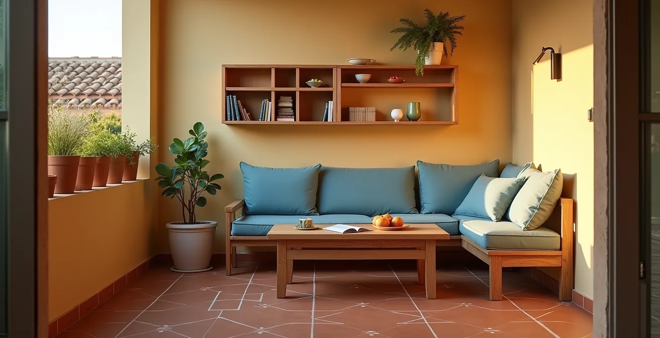 Rincón de balcón con mobiliario cinético mostrando doble función día y noche