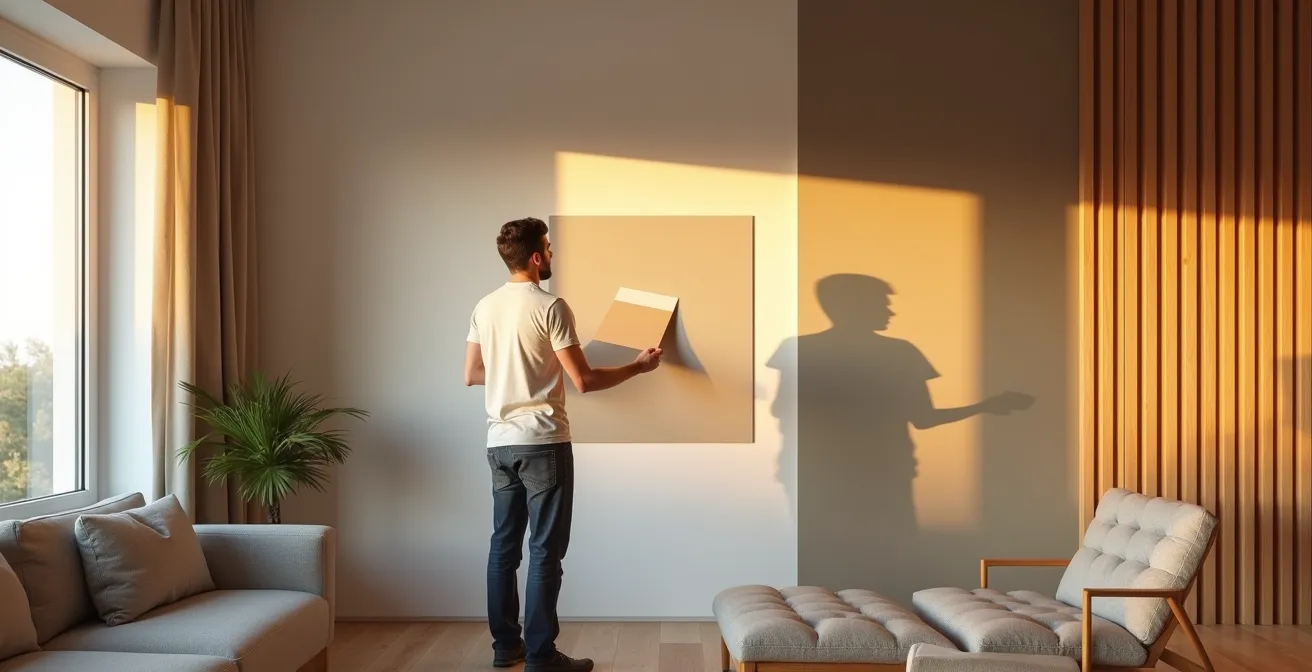 Comparación visual de un salón español contemporáneo donde se muestra el efecto de una pared de acento con listones de madera frente a tener las cuatro paredes pintadas de un color neutro.