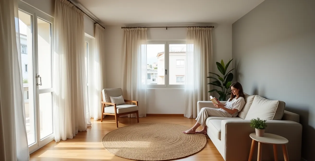 Salón de 12m² con técnicas visuales de ampliación mediante color y texturas