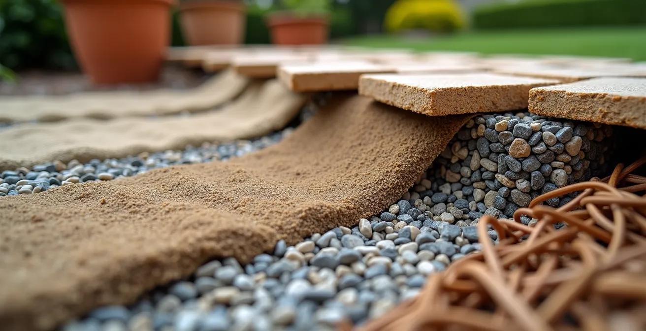Corte transversal mostrando las capas de construcción de un camino de jardín con instalaciones subterráneas