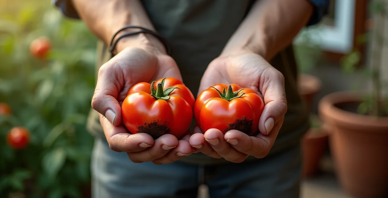 Tomates con podredumbre apical mostrando el típico culo negro por deficiencia de calcio