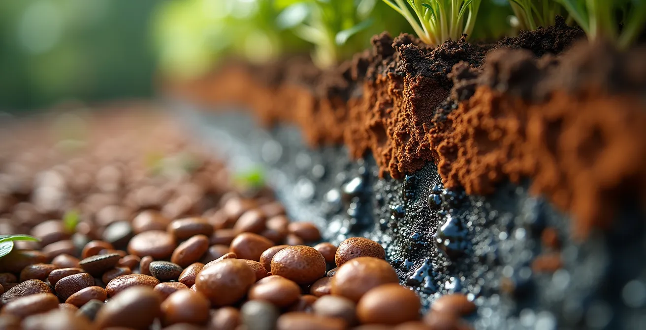 Corte transversal de jardinera mostrando capas de drenaje con grava volcánica, sustrato y sistema de evacuación de agua
