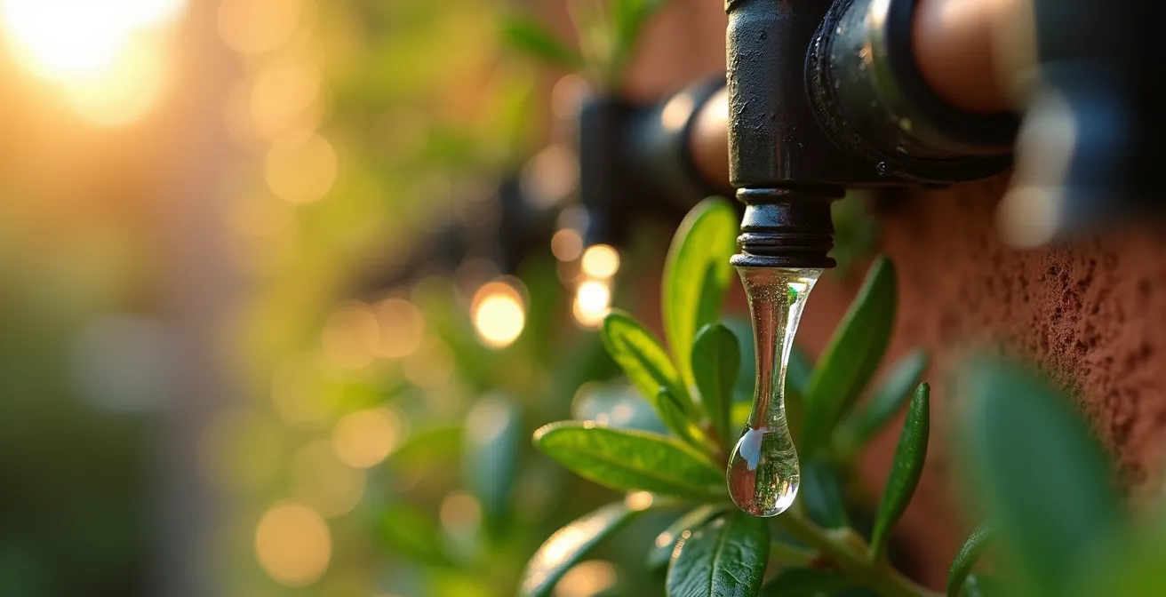 Detalle macro de sistema de riego por goteo instalado en jardín vertical con tubos y goteros visibles entre plantas mediterráneas