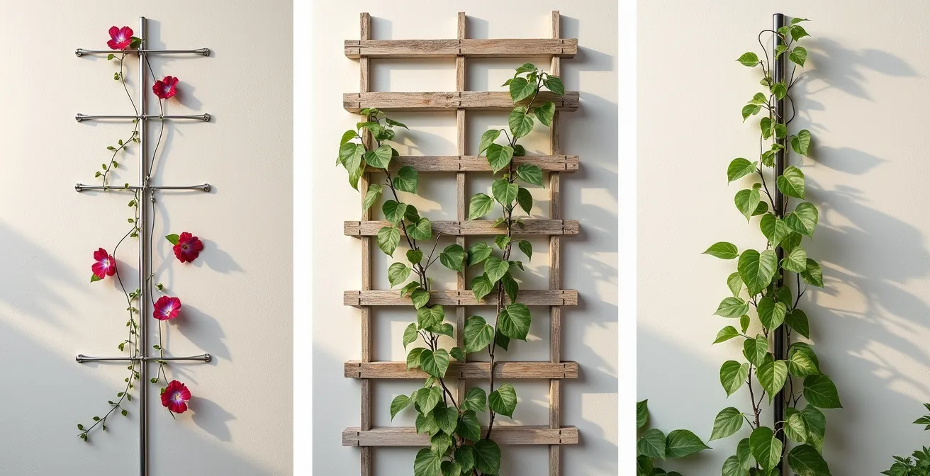 Comparación visual de sistemas de soporte para plantas trepadoras: cables, celosía de madera y postes de tensión.
