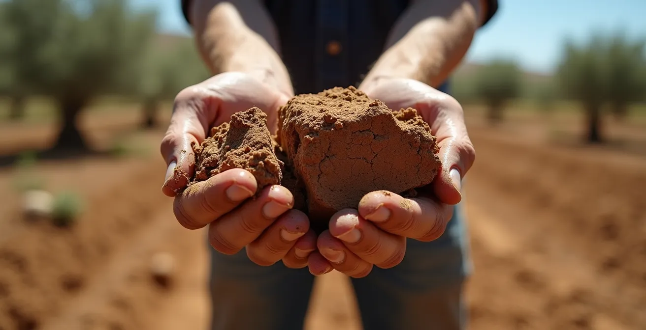 Terrones de arcilla endurecida por el sol del verano español formando bloques impenetrables