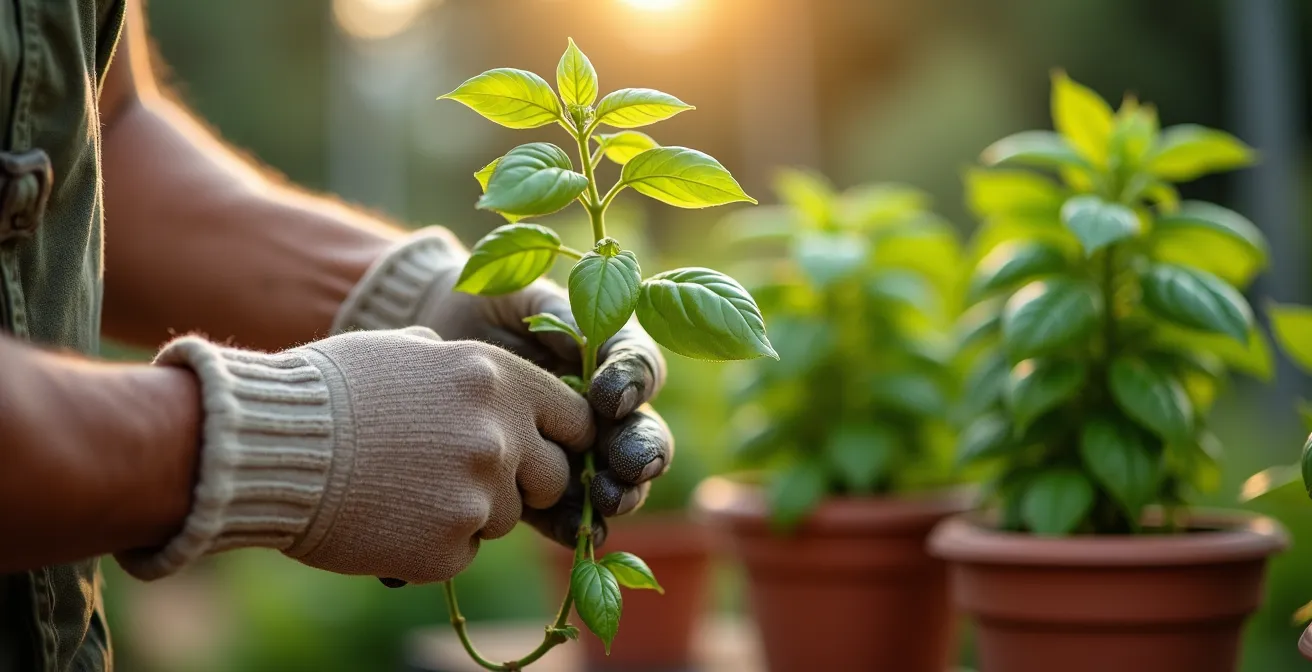 Manos cortando correctamente hojas de albahaca mediante la técnica del pinzado, mostrando el punto exacto sobre los nudos de crecimiento