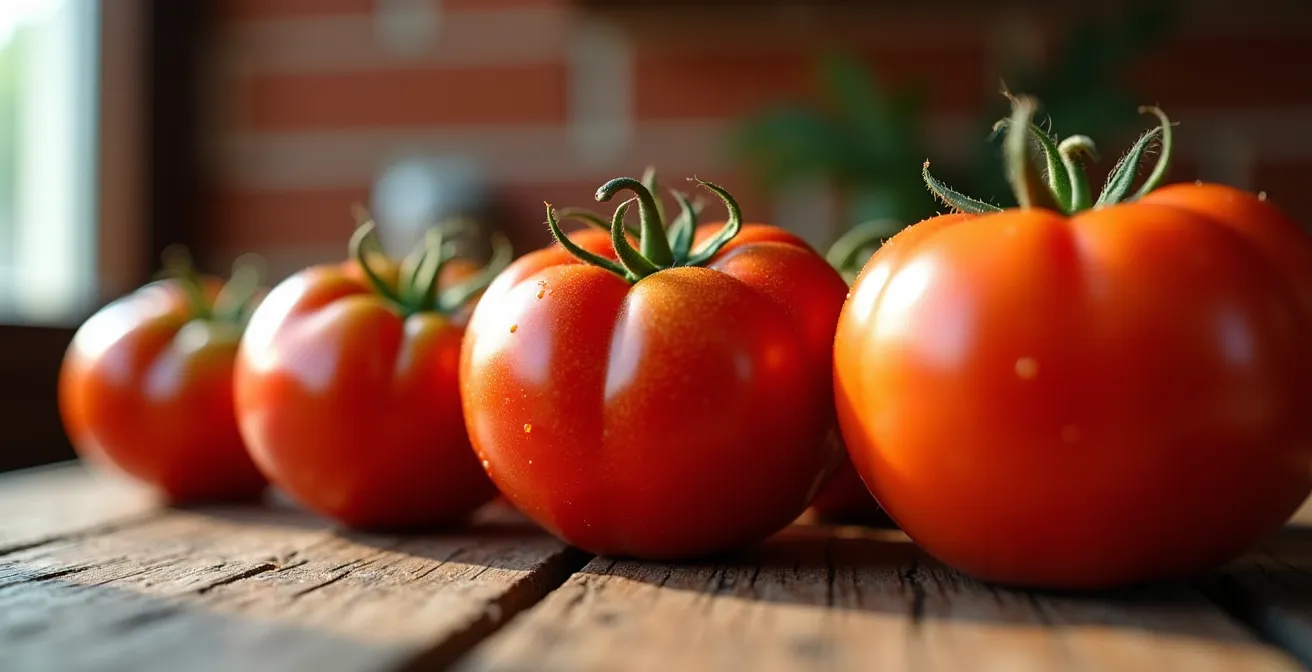 Primer plano de diferentes variedades de tomates españoles sobre mesa de madera mostrando formas y colores diversos