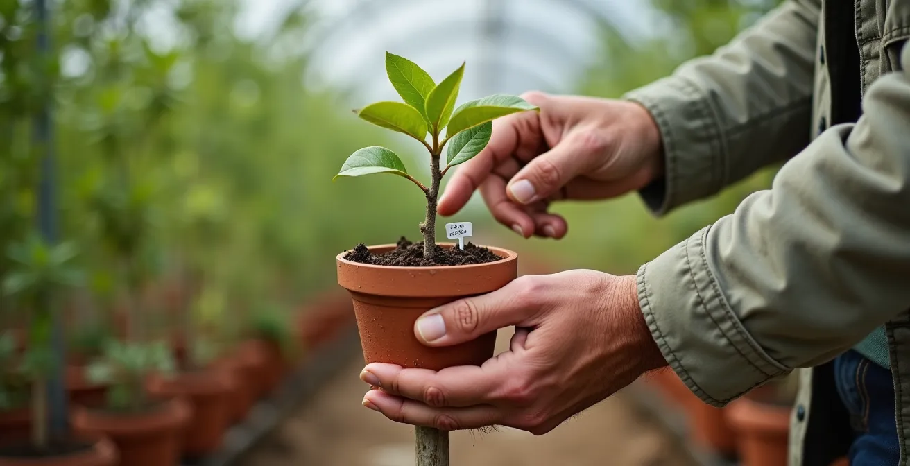 Manos de un jardinero examinando con detenimiento la etiqueta de información de una planta en un vivero español.