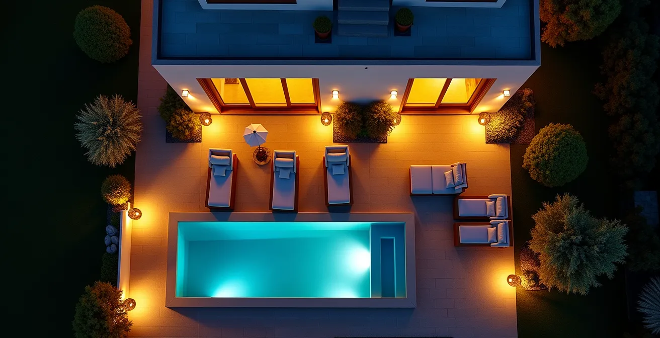 Esquema de zonificación lumínica en vivienda española con diferentes tipos de apliques