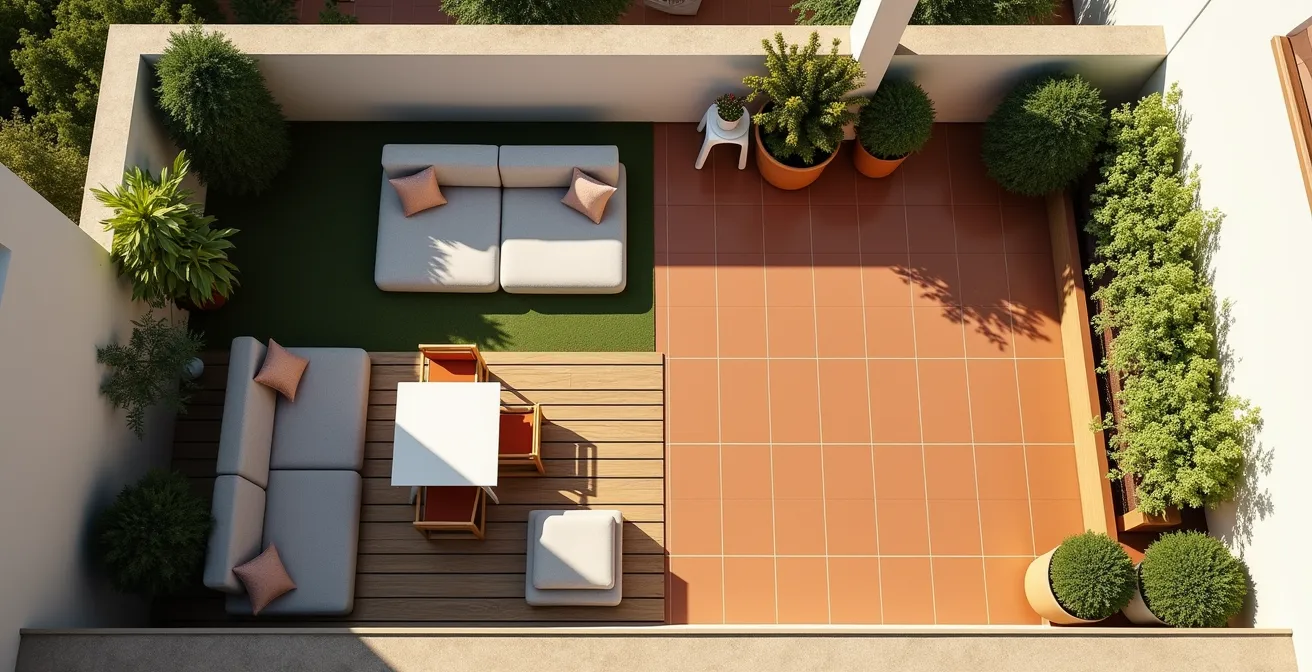 Vista aérea de terraza de 20 metros cuadrados dividida en zonas de comedor, relax, plantas y trabajo