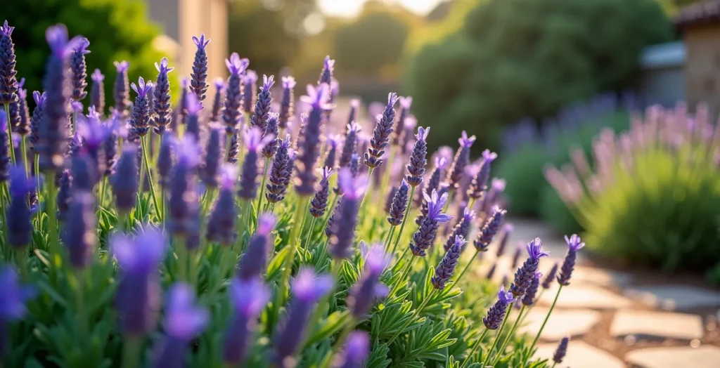 Jardín de estilo cottage con plantas mediterráneas como lavanda y salvias en lugar de especies inglesas tradicionales Jardín de estilo cottage con plantas mediterráneas como lavanda y salvias en lugar de especies inglesas tradicionales